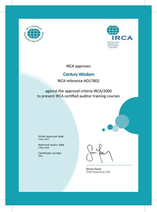 IRCA注冊審核員培訓授權證書
