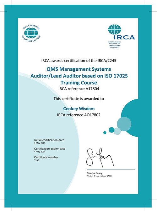 IRCA 審核心員培訓授權證書